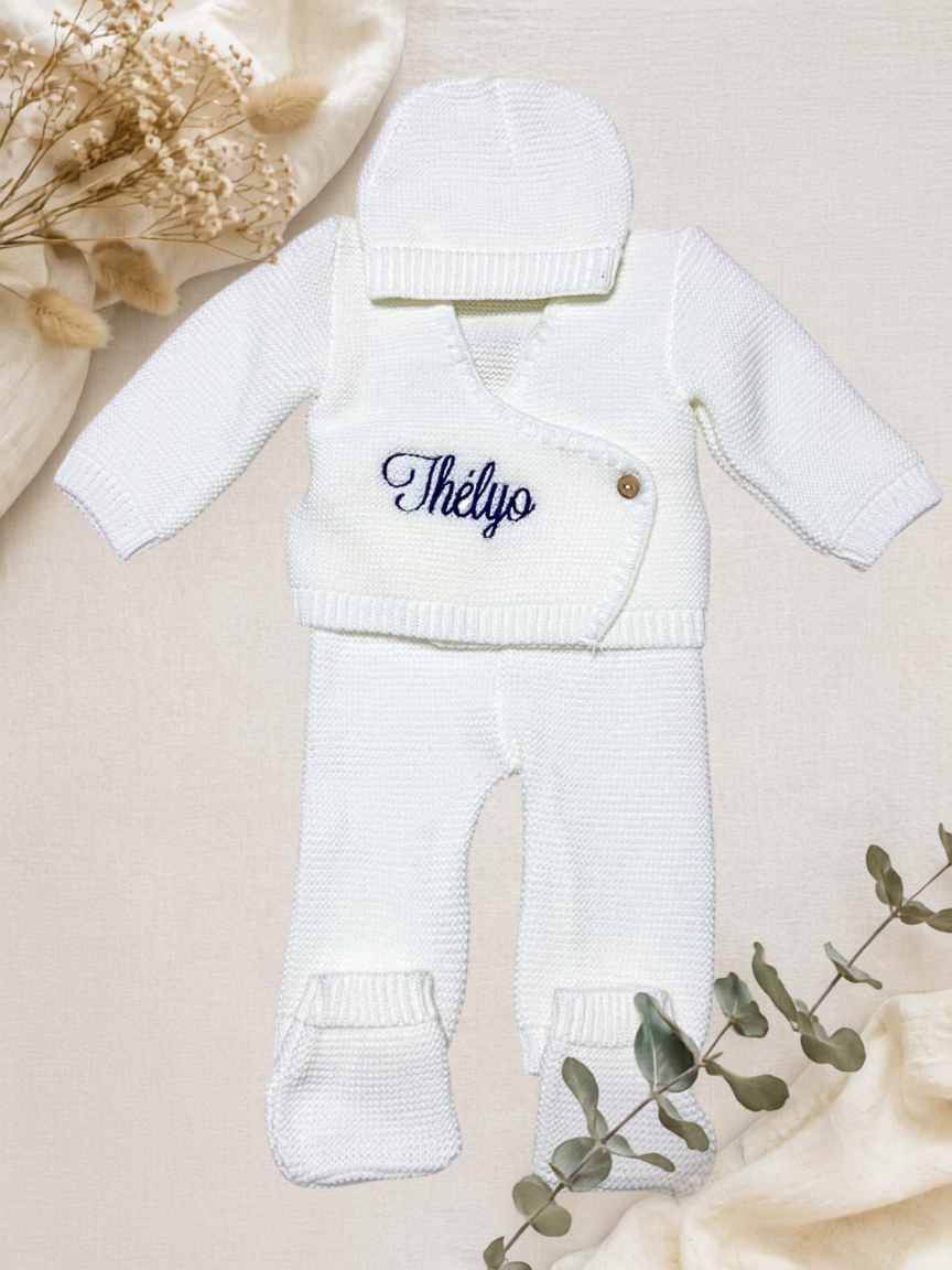 Ensemble naissance en maille personnalisé brodé