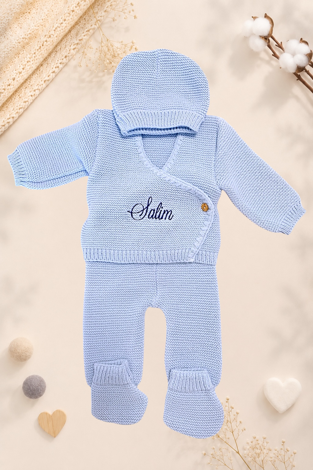 Ensemble naissance en maille personnalisé brodé