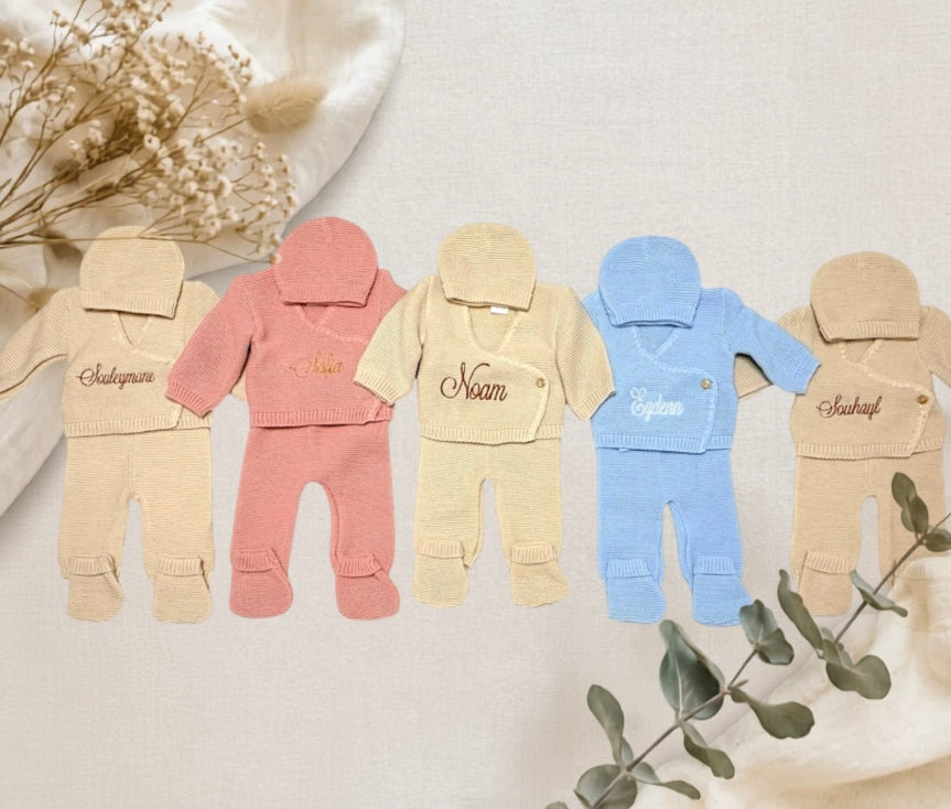 Ensemble naissance en maille personnalisé brodé