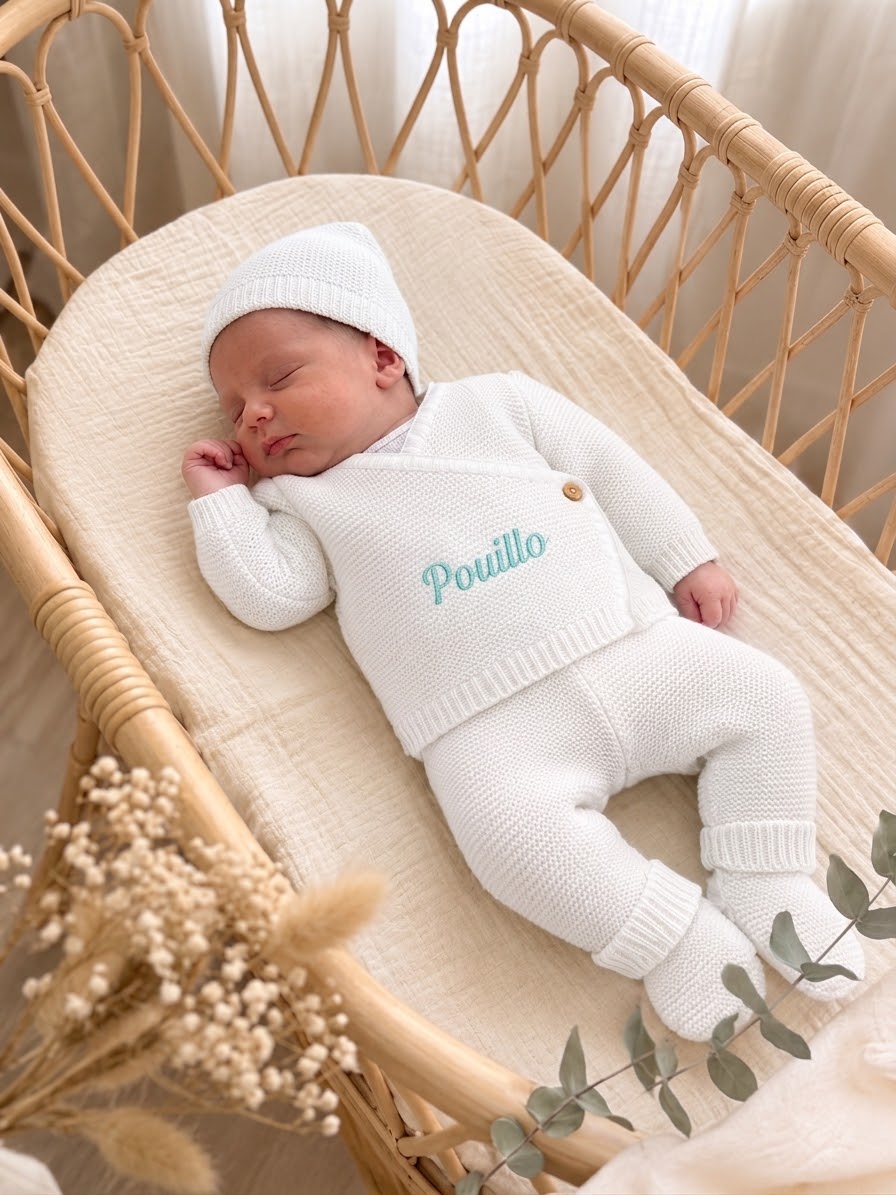Ensemble naissance en maille personnalisé brodé