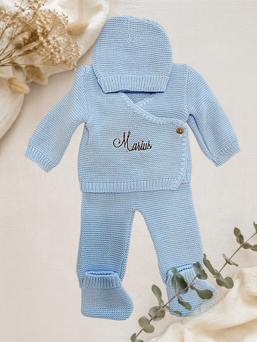 Ensemble naissance en maille personnalisé brodé