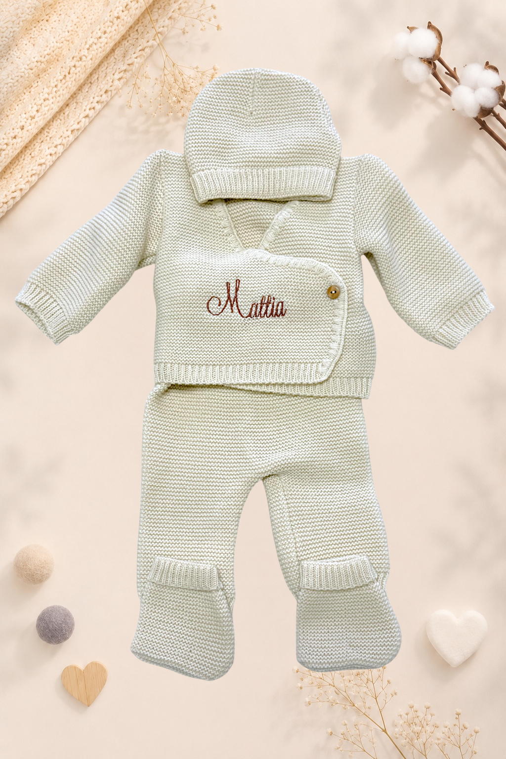 Ensemble naissance en maille personnalisé brodé