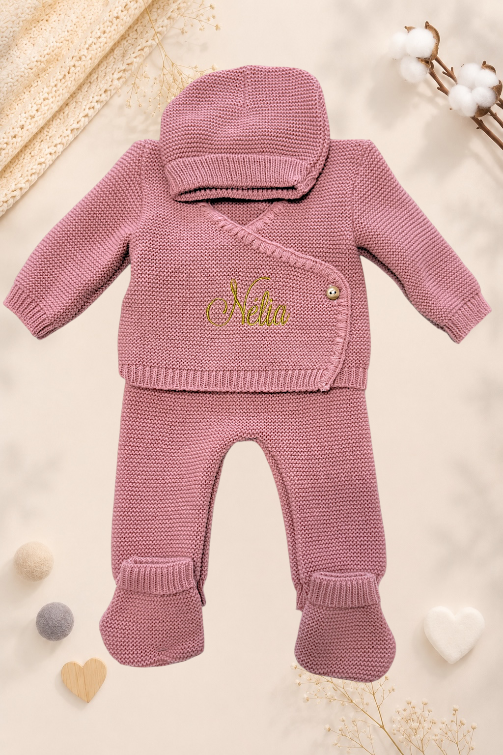 Ensemble naissance en maille personnalisé brodé
