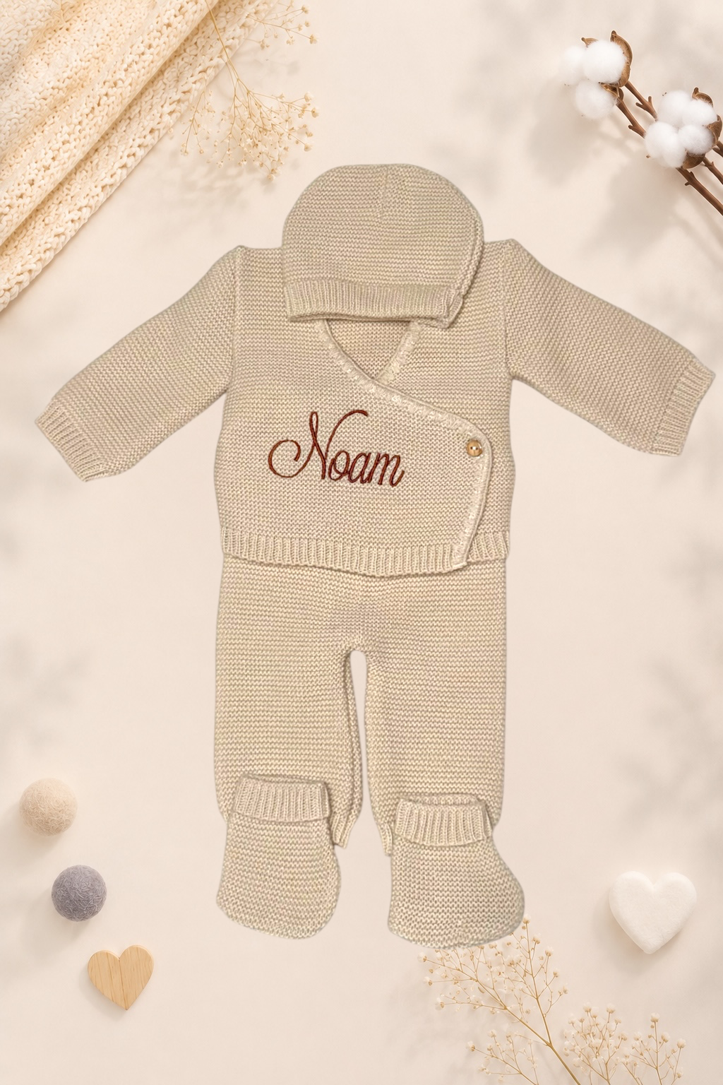 Ensemble naissance en maille personnalisé brodé